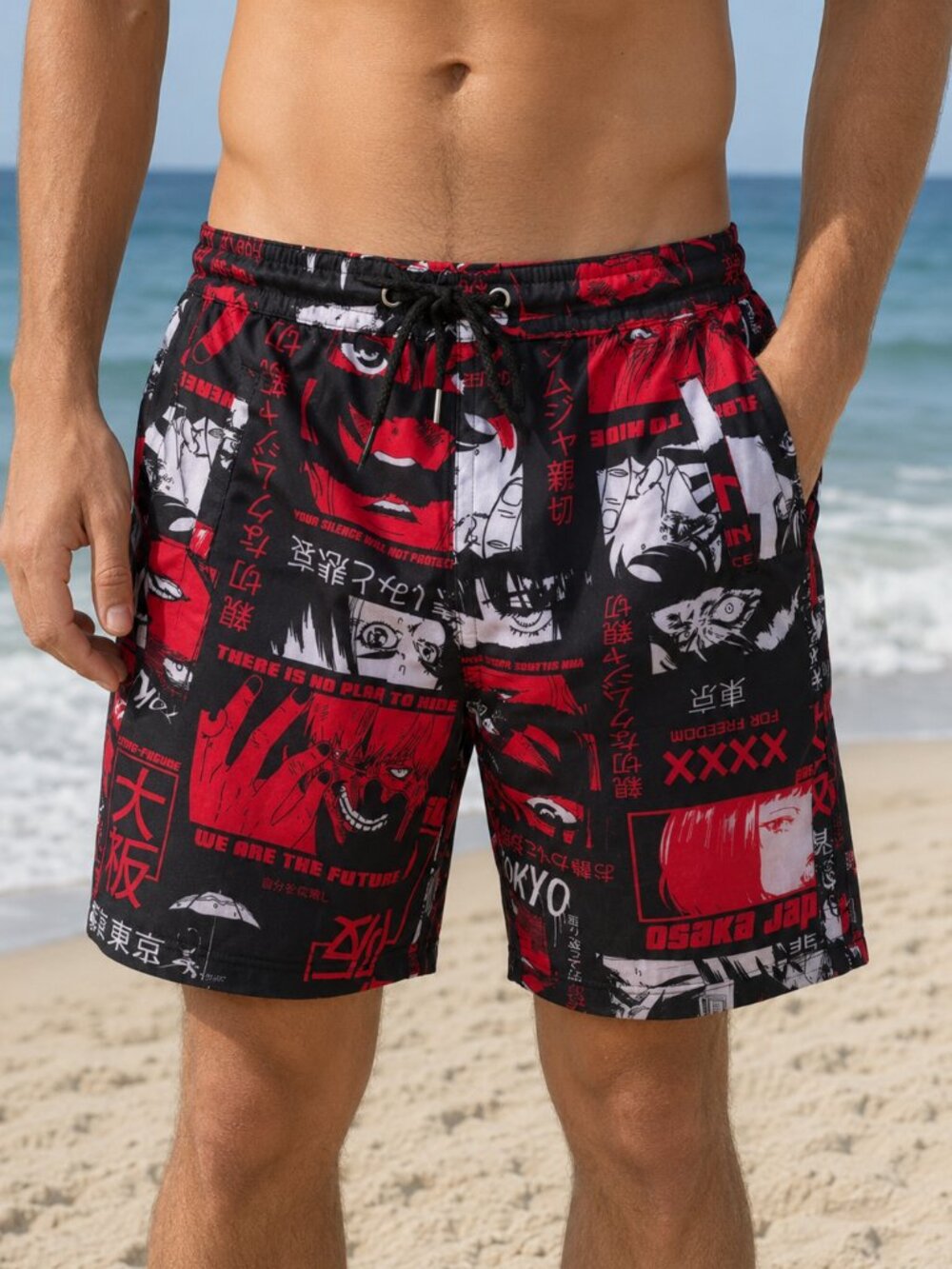 Drill Clothing Fresh Prints Tokyo Anime Graphic Shorts Black Red Streetwear NWT
